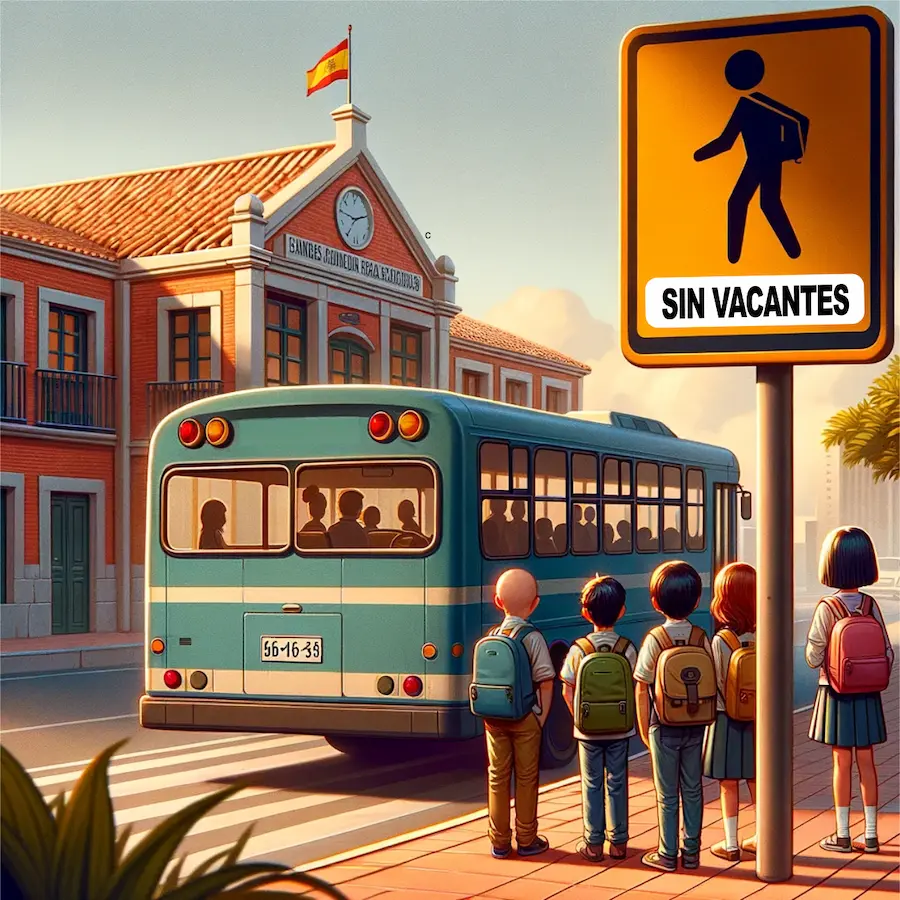 Niños esperando autobús en Córdoba, escuela sin vacantes al fondo