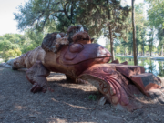 Tallado sobre un árbol caído e inspirado en Salzano: el monumento al “sapo” ya forma parte de la Isla Crisol