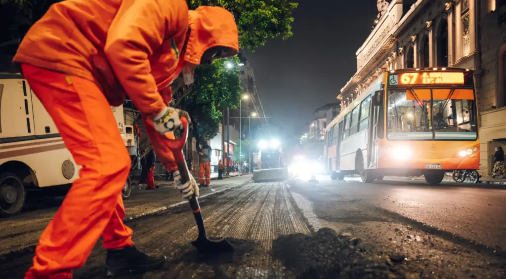 Operario con ropa naranja palea asfalto de noche en una calle de la ciudad, mientras un colectivo urbano circula junto a una máquina de obra
