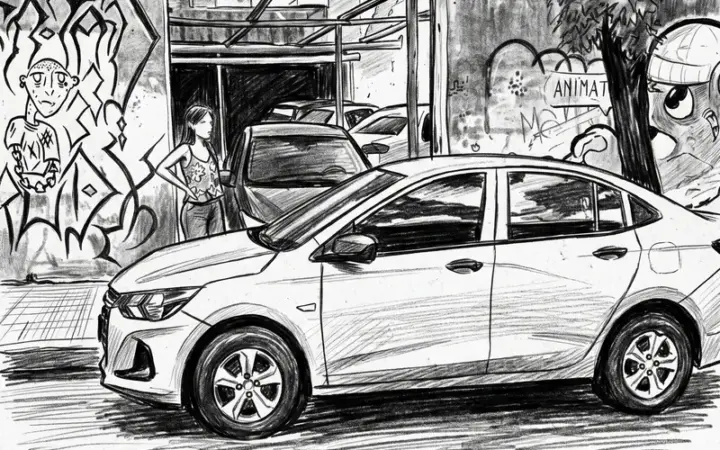 Auto gris estacionado frente a una cochera en una calle con paredes con grafitis