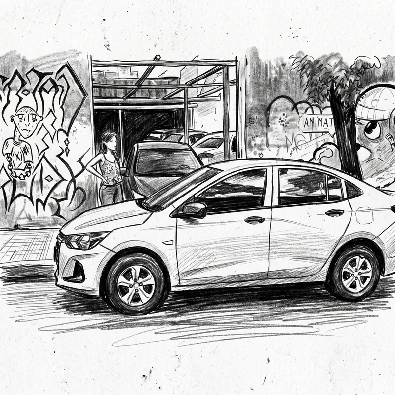 Auto gris estacionado frente a una cochera en una calle con paredes con grafitis